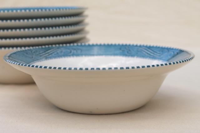 photo of set of six cereal bowls, vintage Royal china Currier & Ives blue transferware #5