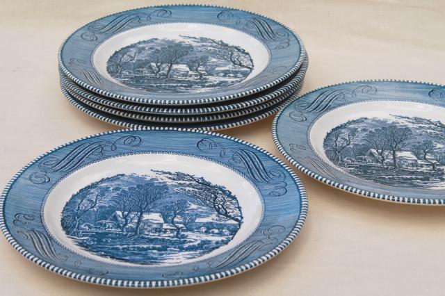 photo of set of six dinner plates, vintage Royal china Currier & Ives blue transferware #1