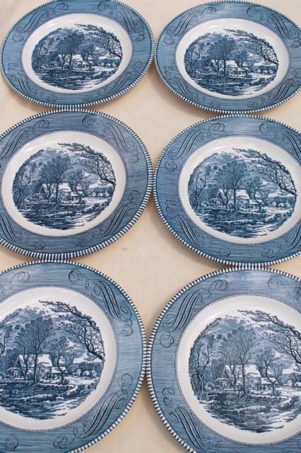 photo of set of six dinner plates, vintage Royal china Currier & Ives blue transferware #2