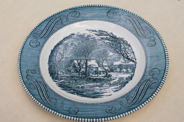 photo of set of six dinner plates, vintage Royal china Currier & Ives blue transferware #4