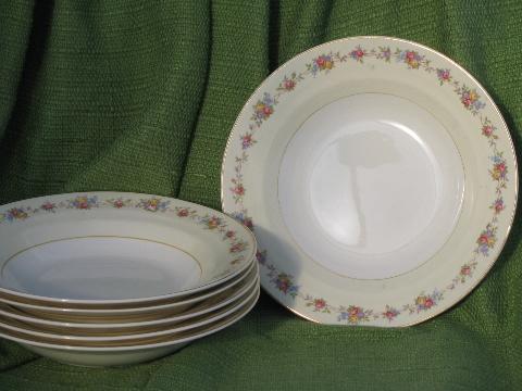 photo of set of six rose border soup plates, vintage Crown Potteries china #1