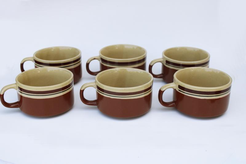 photo of set of six unused vintage soup mugs, stoneware pottery bowls w/ cup handles #3