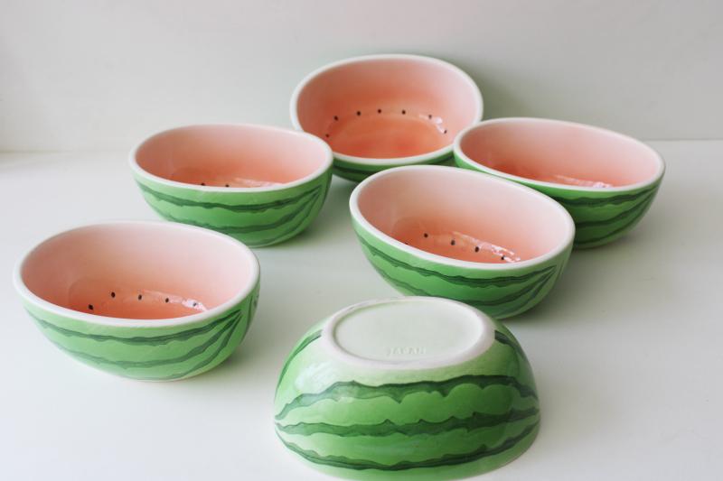 photo of set of six vintage Japan ceramic watermelon shape bowls for fruit, salad, tacos #1