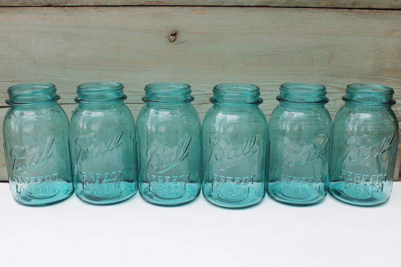 photo of set of six vintage aqua blue glass canning jars Ball mason jars ribbed sides #1