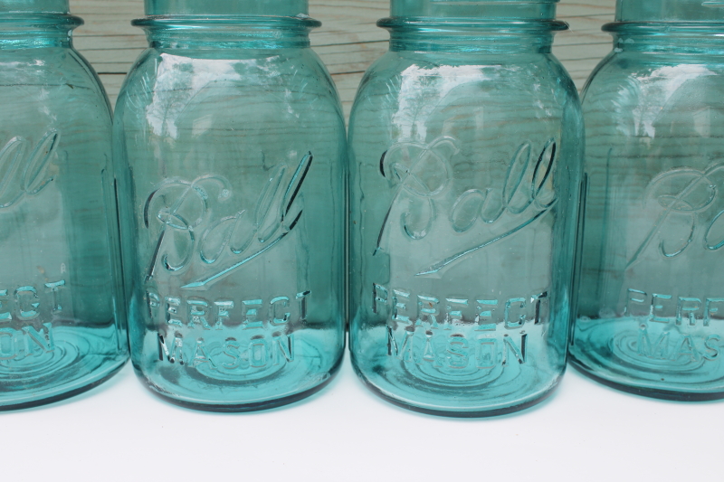 photo of set of six vintage aqua blue glass canning jars Ball mason jars ribbed sides #2