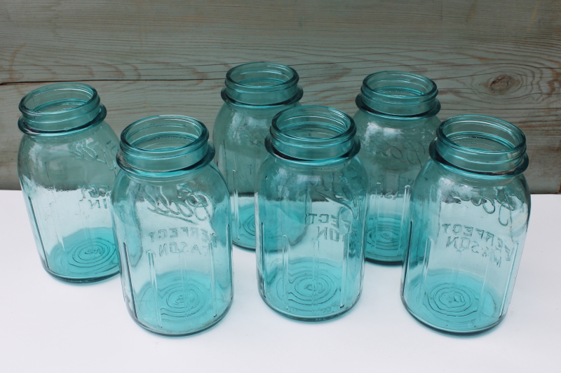 photo of set of six vintage aqua blue glass canning jars Ball mason jars ribbed sides #4