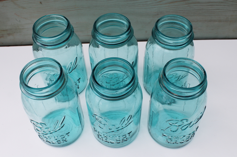 photo of set of six vintage aqua blue glass canning jars Ball mason jars ribbed sides #5