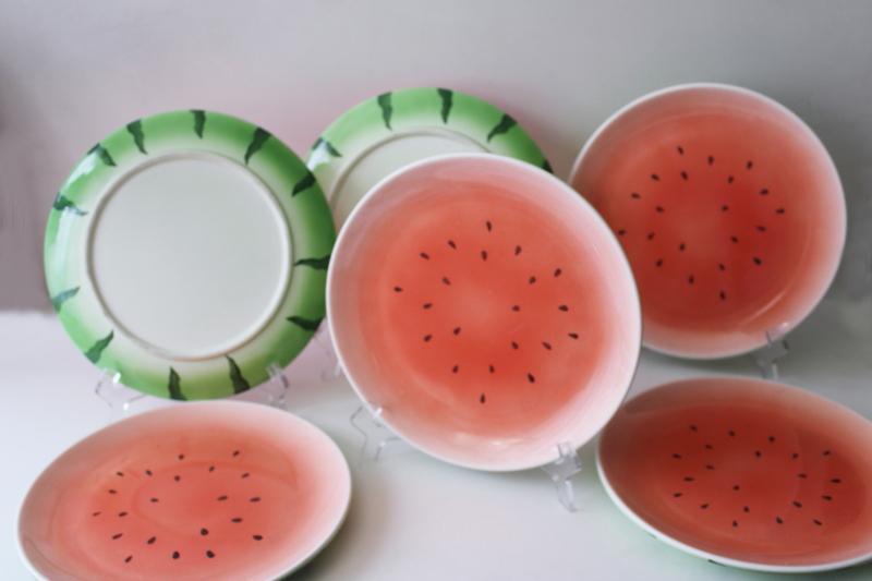 photo of set of six vintage ceramic watermelon dinner plates, salad or serving plates #1