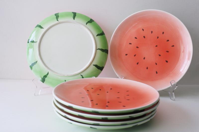 photo of set of six vintage ceramic watermelon dinner plates, salad or serving plates #5