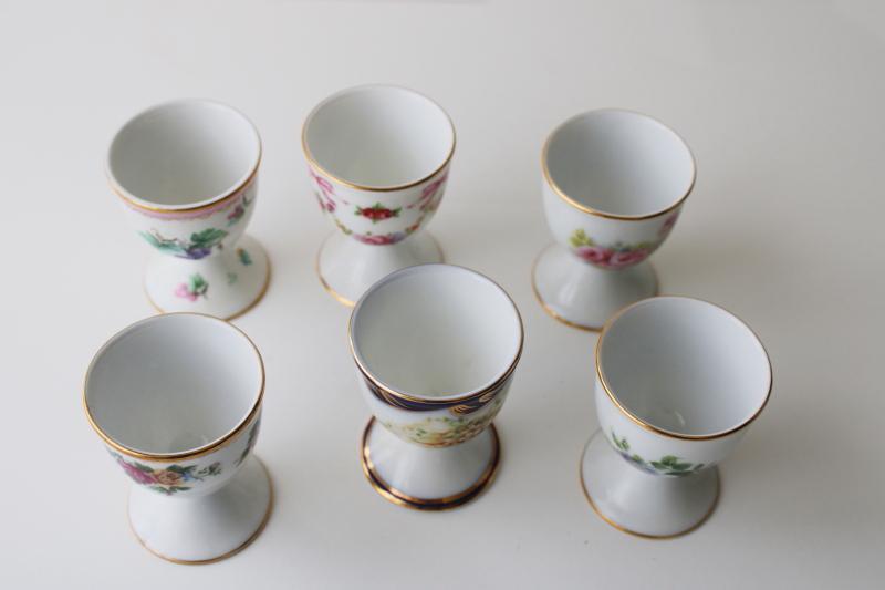 photo of set of six vintage china egg cups, mismatched floral patterns, cottage chic Easter #2