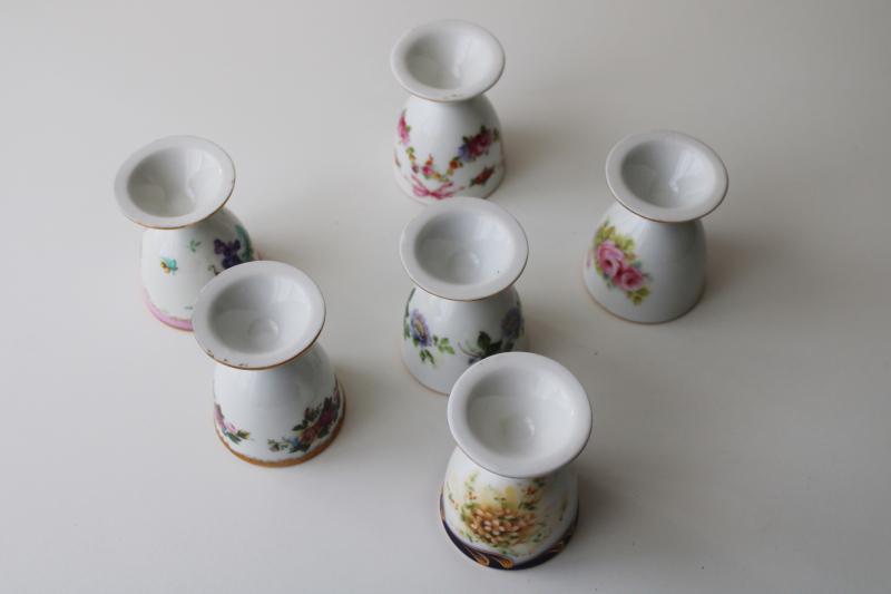 photo of set of six vintage china egg cups, mismatched floral patterns, cottage chic Easter #3