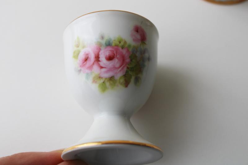 photo of set of six vintage china egg cups, mismatched floral patterns, cottage chic Easter #4