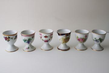 catalog photo of set of six vintage china egg cups, mismatched floral patterns, cottage chic Easter