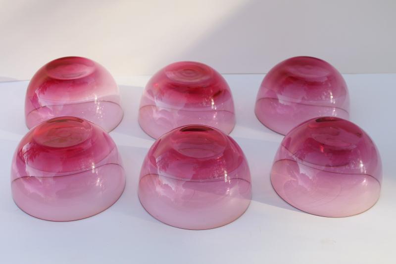photo of set of six vintage cranberry glass bowls, weighted bottom hand blown glass #4