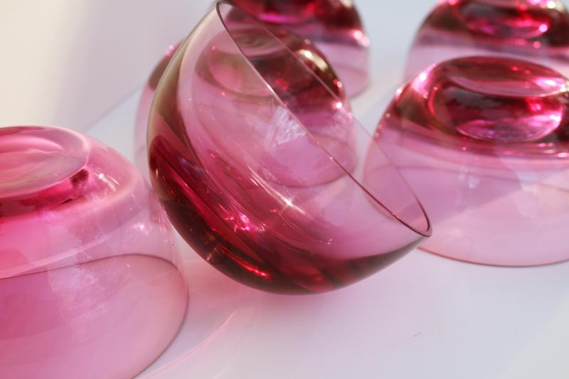 photo of set of six vintage cranberry glass bowls, weighted bottom hand blown glass #5