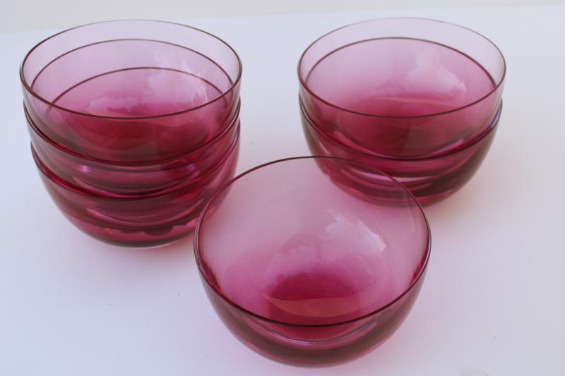 photo of set of six vintage cranberry glass bowls, weighted bottom hand blown glass #6
