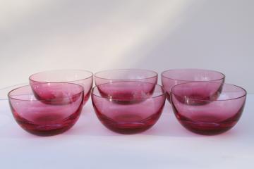 catalog photo of set of six vintage cranberry glass bowls, weighted bottom hand blown glass