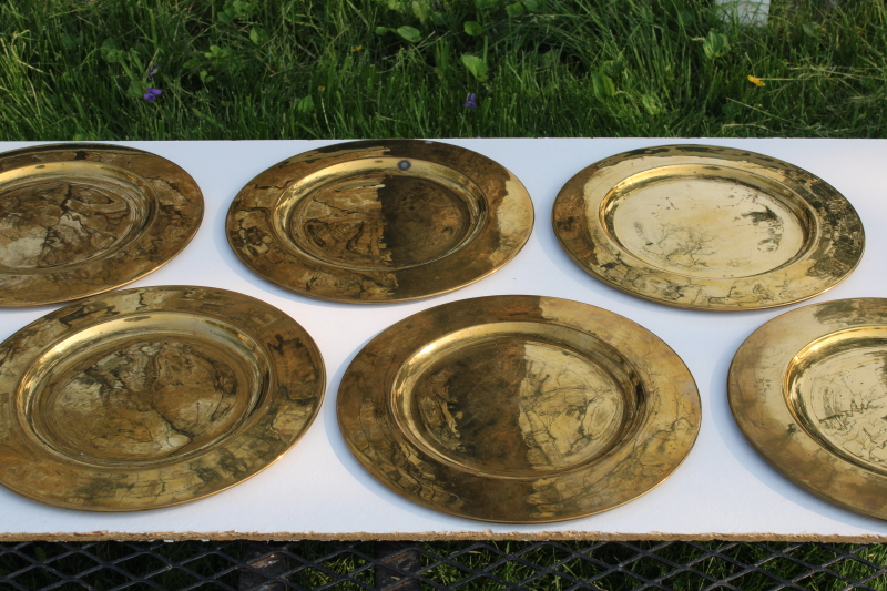 photo of set of six vintage solid brass chargers, large plates 11 and 3 quarters diameter heavy brass under plate trays #1