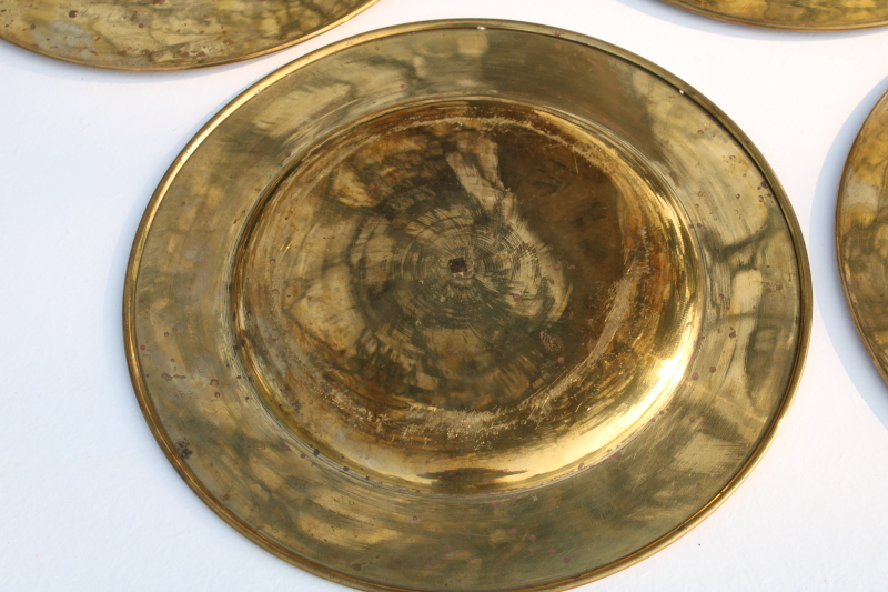 photo of set of six vintage solid brass chargers, large plates 11 and 3 quarters diameter heavy brass under plate trays #3