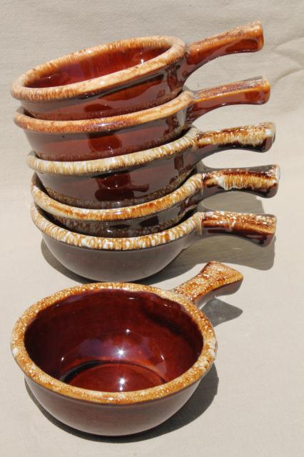 photo of set of six vintage stick handle casserole bowls, vintage Hull pottery brown drip #1