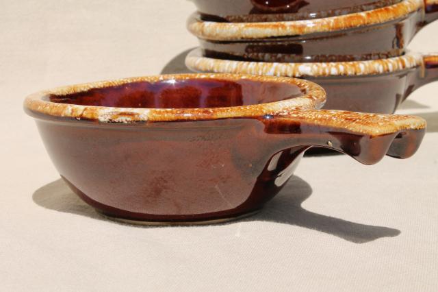 photo of set of six vintage stick handle casserole bowls, vintage Hull pottery brown drip #2