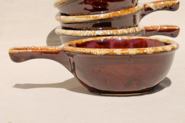 photo of set of six vintage stick handle casserole bowls, vintage Hull pottery brown drip #3