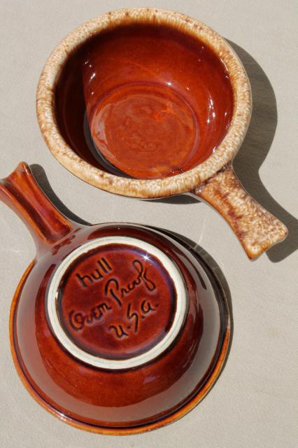 photo of set of six vintage stick handle casserole bowls, vintage Hull pottery brown drip #4