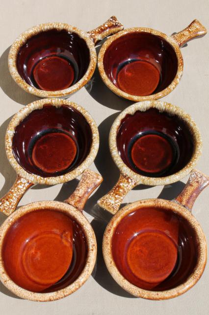 photo of set of six vintage stick handle casserole bowls, vintage Hull pottery brown drip #5