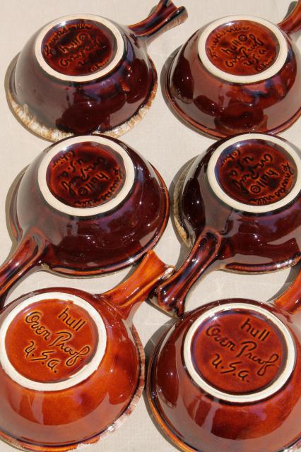 photo of set of six vintage stick handle casserole bowls, vintage Hull pottery brown drip #6