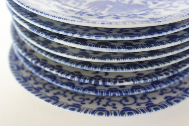 photo of set of small plates, phoenix birds vintage Japan blue & white hand painted china #7