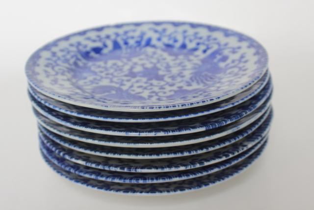 photo of set of small plates, phoenix birds vintage Japan blue & white hand painted china #8