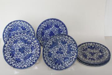 catalog photo of set of small plates, phoenix birds vintage Japan blue & white hand painted china