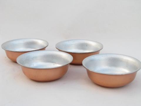 photo of set of tiny tinned copper sauce dishes, vintage CopperCraft Guild #1