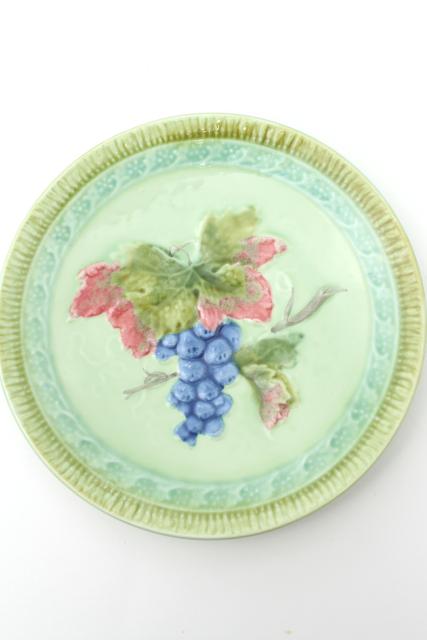 photo of set of vintage Black Forest art pottery plates, majolica grapes, grape leaf & vine #7