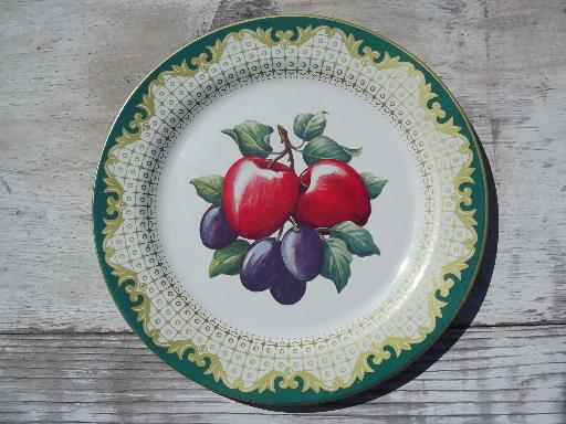 photo of set of vintage Daher style toleware plates, tole metal plates w/ fruit #2