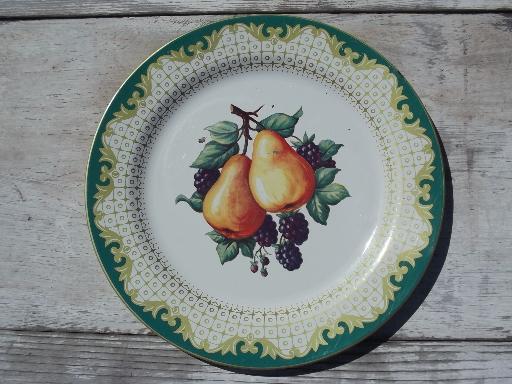 photo of set of vintage Daher style toleware plates, tole metal plates w/ fruit #3