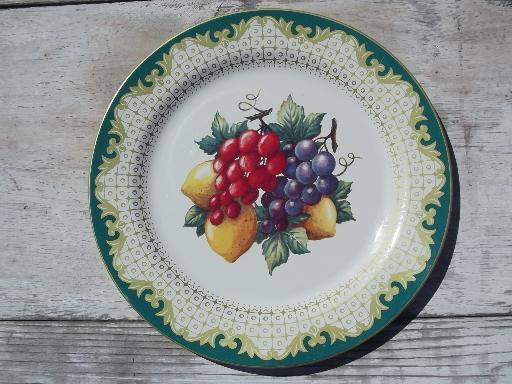 photo of set of vintage Daher style toleware plates, tole metal plates w/ fruit #4