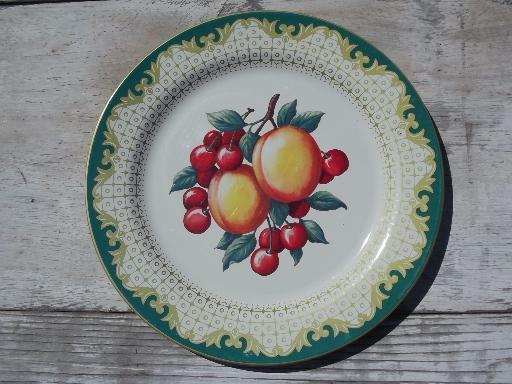 photo of set of vintage Daher style toleware plates, tole metal plates w/ fruit #5