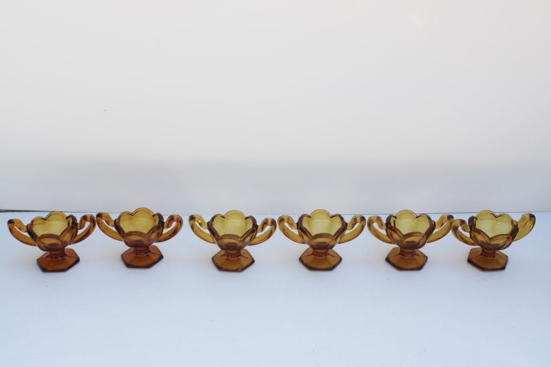 photo of set of vintage amber glass salt dishes, salt cellar master salts double handled cup shape #1