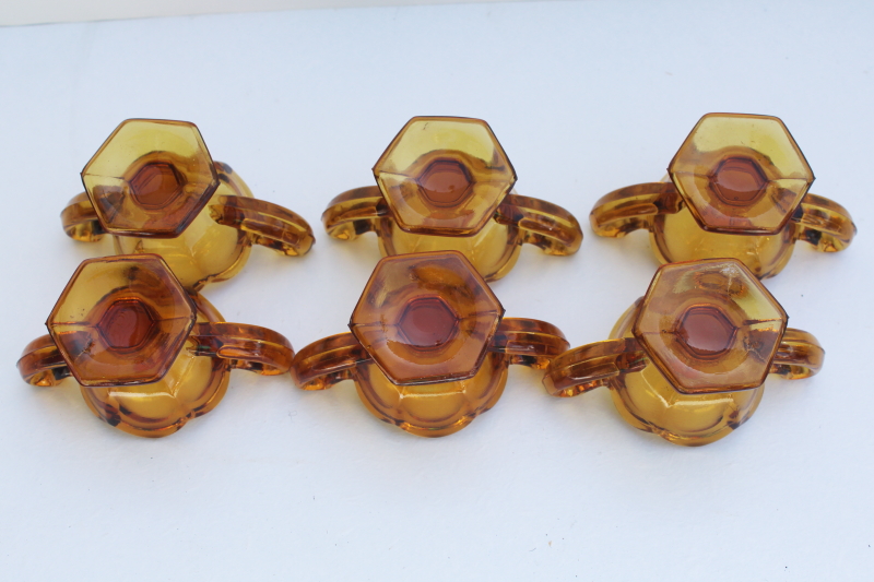 photo of set of vintage amber glass salt dishes, salt cellar master salts double handled cup shape #2