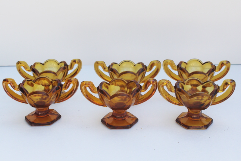 photo of set of vintage amber glass salt dishes, salt cellar master salts double handled cup shape #4