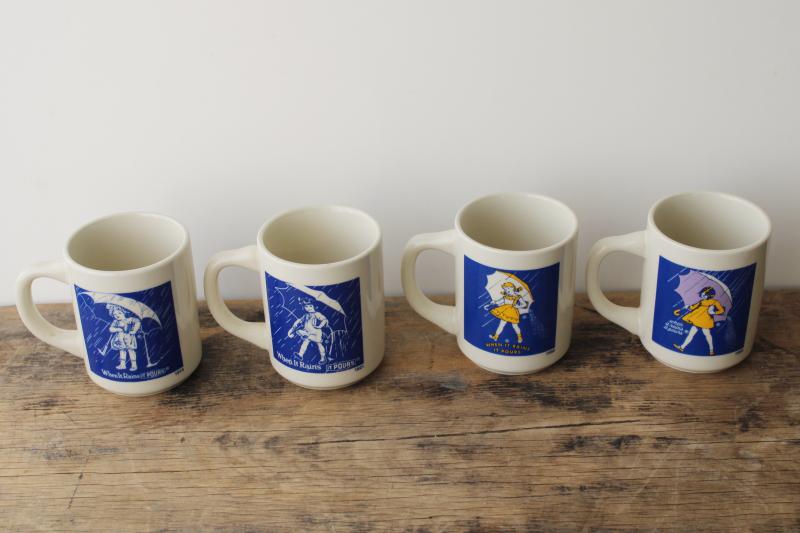 photo of set of vintage china coffee mugs, Morton salt girl 1914 - 1921 - 1956 - 1968 ad graphics #1