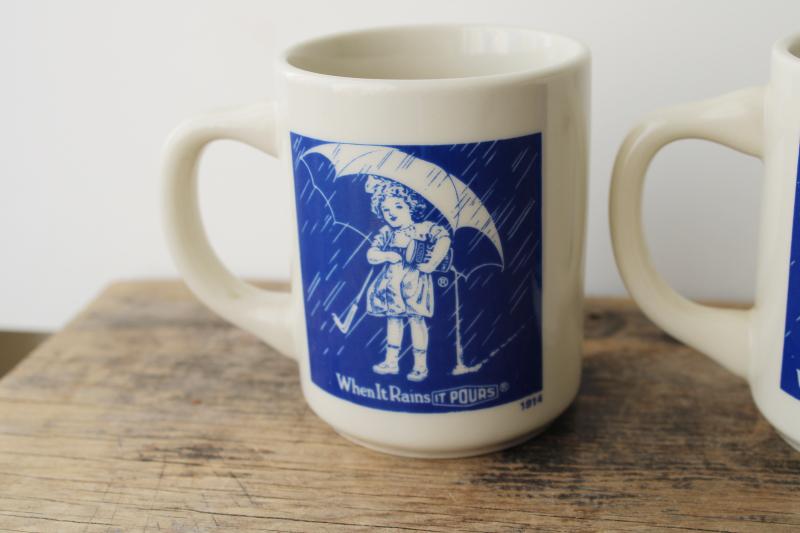 photo of set of vintage china coffee mugs, Morton salt girl 1914 - 1921 - 1956 - 1968 ad graphics #2