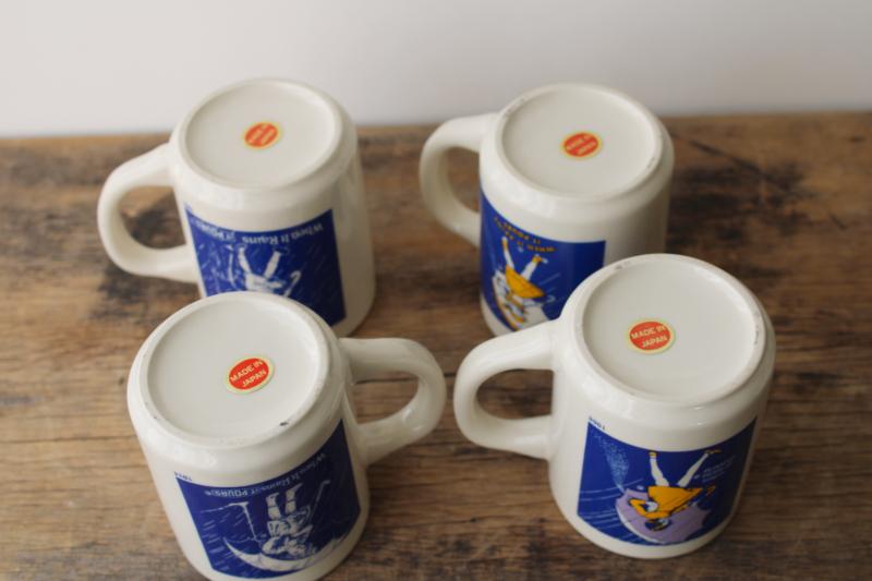 photo of set of vintage china coffee mugs, Morton salt girl 1914 - 1921 - 1956 - 1968 ad graphics #7