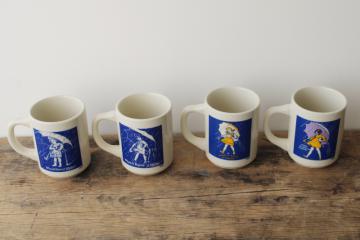 set of vintage china coffee mugs, Morton salt girl 1914 - 1921 - 1956 - 1968 ad graphics