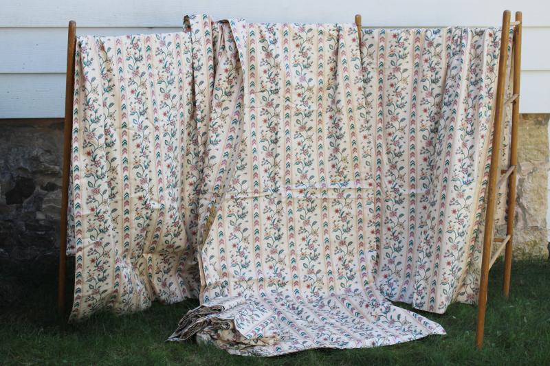 photo of set of vintage heavy cotton chintz curtain panels, crewel flame stitch print floral stripe #1