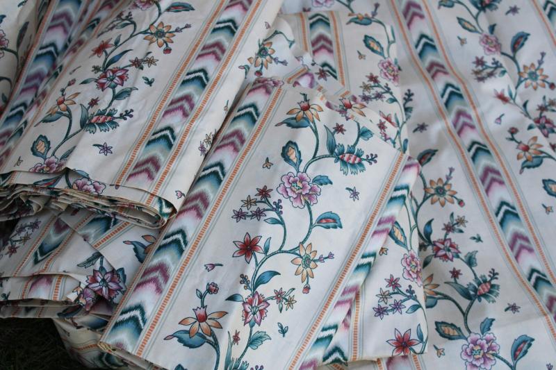 photo of set of vintage heavy cotton chintz curtain panels, crewel flame stitch print floral stripe #2