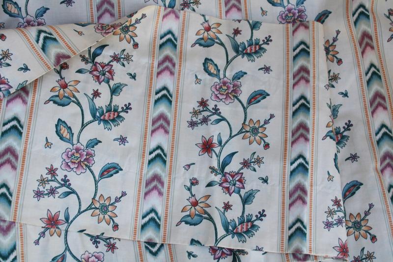 photo of set of vintage heavy cotton chintz curtain panels, crewel flame stitch print floral stripe #3