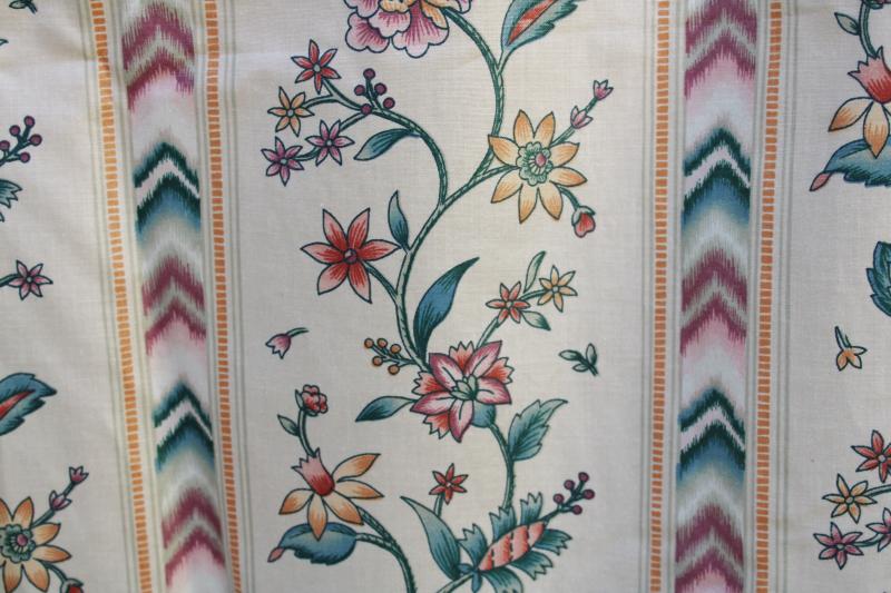 photo of set of vintage heavy cotton chintz curtain panels, crewel flame stitch print floral stripe #5