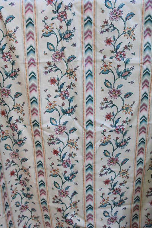 photo of set of vintage heavy cotton chintz curtain panels, crewel flame stitch print floral stripe #6